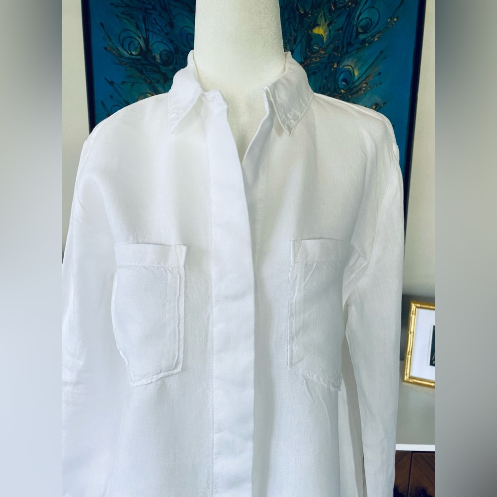 100% LINEN CLOTH & STONE Classic Button Down Shirt White | Shell Button, Size XS